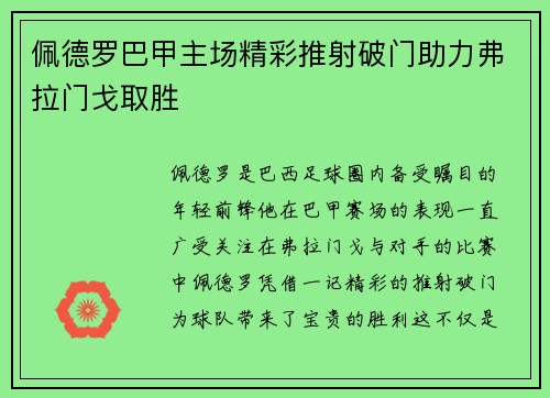 佩德罗巴甲主场精彩推射破门助力弗拉门戈取胜